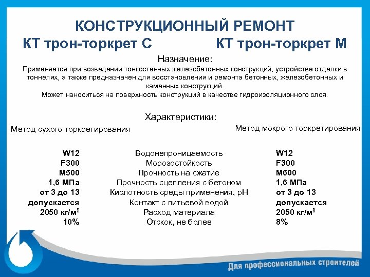 КОНСТРУКЦИОННЫЙ РЕМОНТ КТ трон-торкрет С КТ трон-торкрет М Назначение: Применяется при возведении тонкостенных железобетонных