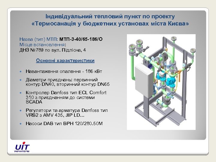 Індивідуальний тепловий пункт по проекту «Термосанація у бюджетних установах міста Києва» Назва (тип) МТП: