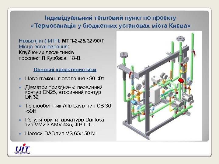 Індивідуальний тепловий пункт по проекту «Термосанація у бюджетних установах міста Києва» Назва (тип) МТП: