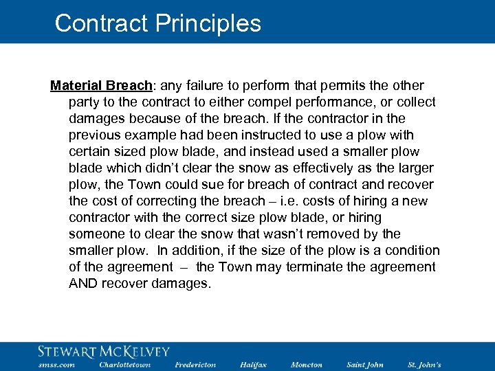 Contract Principles Material Breach: any failure to perform that permits the other party to