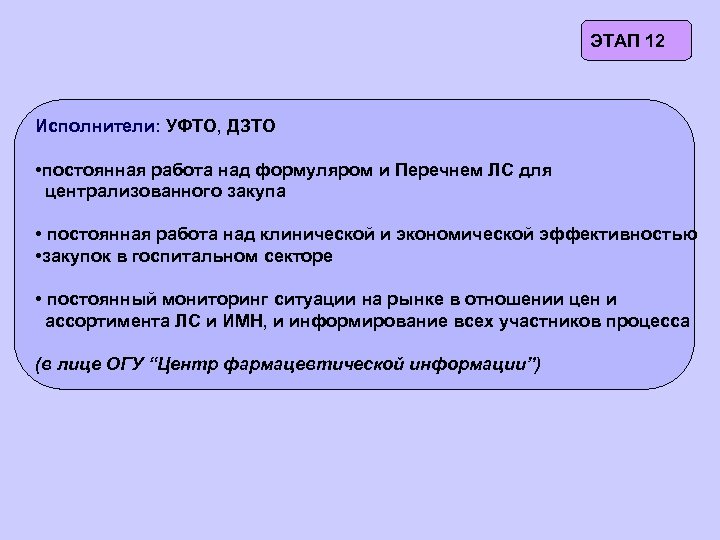 ЭТАП 12 Исполнители: УФТО, ДЗТО • постоянная работа над формуляром и Перечнем ЛС для