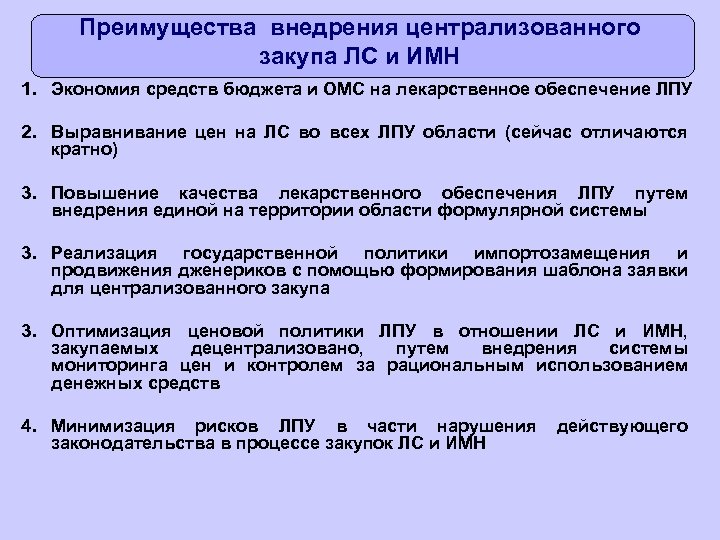 Преимущества внедрения централизованного закупа ЛС и ИМН 1. Экономия средств бюджета и ОМС на