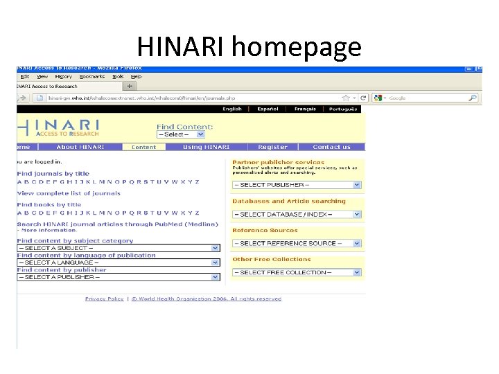 HINARI homepage 