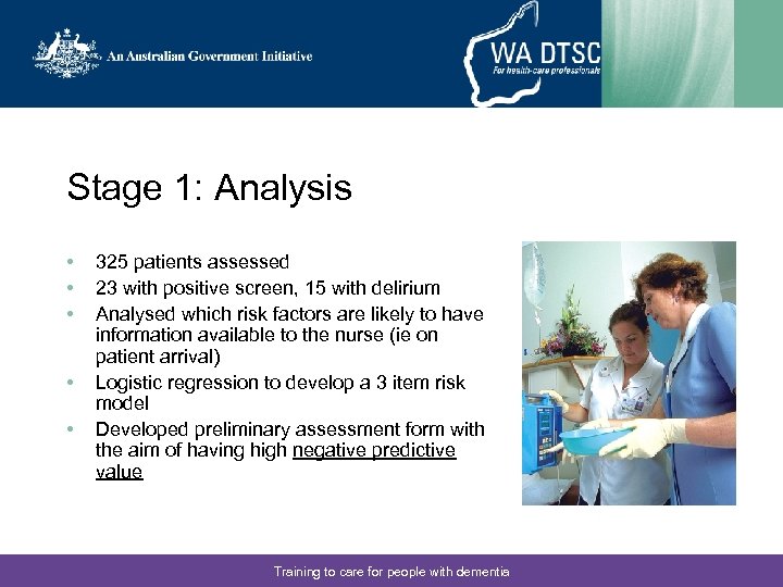 Stage 1: Analysis • • • 325 patients assessed 23 with positive screen, 15