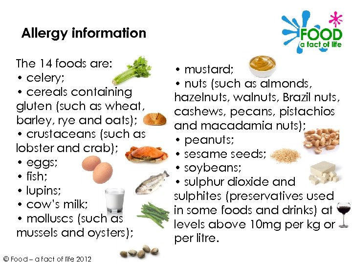 Allergy information The 14 foods are: • celery; • cereals containing gluten (such as