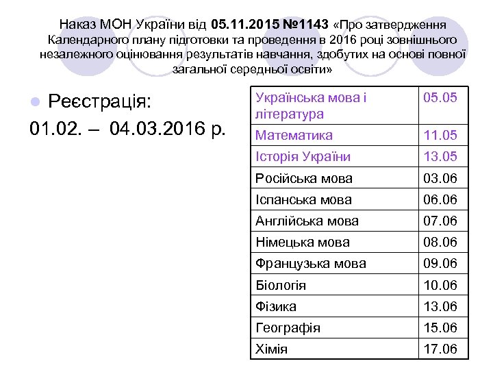 Наказ МОН України від 05. 11. 2015 № 1143 «Про затвердження Календарного плану підготовки