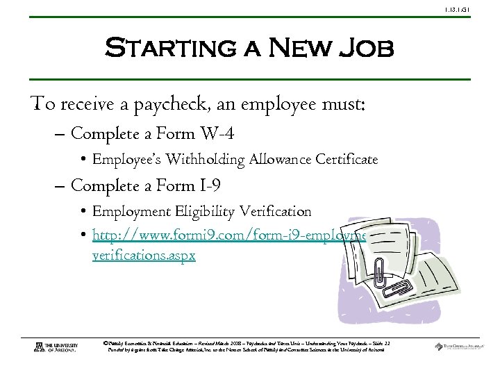 1. 13. 1. G 1 Starting a New Job To receive a paycheck, an