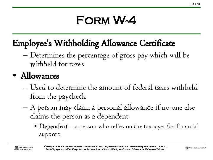1. 13. 1. G 1 Form W-4 Employee’s Withholding Allowance Certificate – Determines the