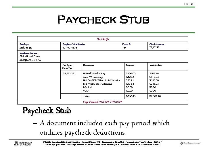 1. 13. 1. G 1 Paycheck Stub On-The-Go Employee Identification Check # Beakens, Joe