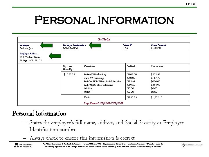 1. 13. 1. G 1 Personal Information On-The-Go Employee Identification Check # Beakens, Joe