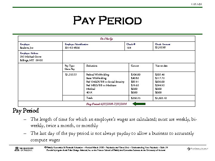 1. 13. 1. G 1 Pay Period On-The-Go Employee Identification Check # Beakens, Joe