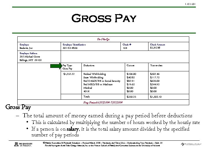 1. 13. 1. G 1 Gross Pay On-The-Go Employee Identification Check # Beakens, Joe