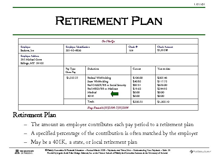 1. 13. 1. G 1 Retirement Plan On-The-Go Employee Identification Check # Beakens, Joe