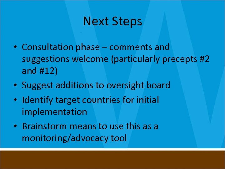 Next Steps • Consultation phase – comments and suggestions welcome (particularly precepts #2 and