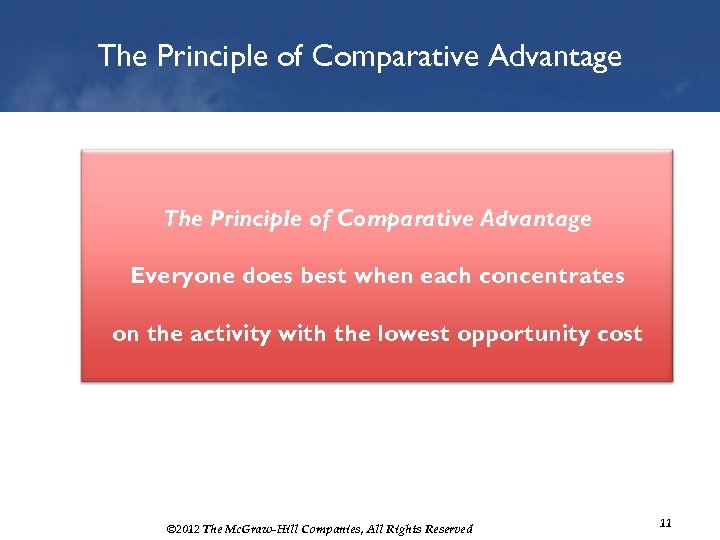 The Principle of Comparative Advantage Everyone does best when each concentrates on the activity