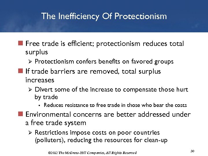 The Inefficiency Of Protectionism n Free trade is efficient; protectionism reduces total surplus Ø