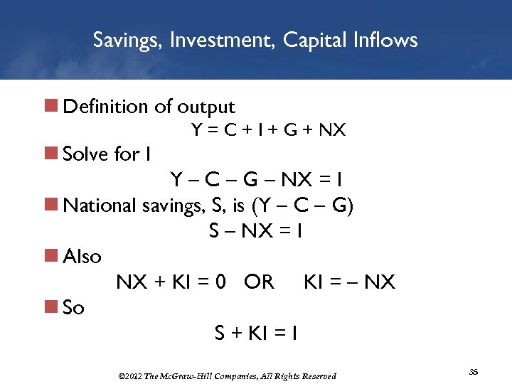 Savings, Investment, Capital Inflows n Definition of output Y = C + I +
