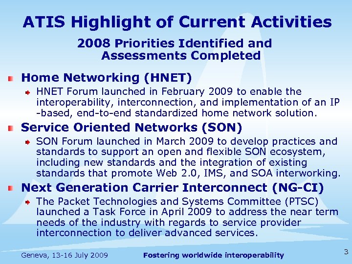 ATIS Highlight of Current Activities 2008 Priorities Identified and Assessments Completed Home Networking (HNET)