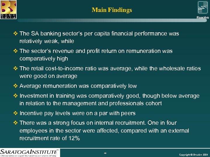 Main Findings Resolve Group v The SA banking sector’s per capita financial performance was