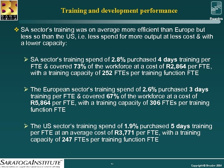 Training and development performance Resolve Group v SA sector’s training was on average more