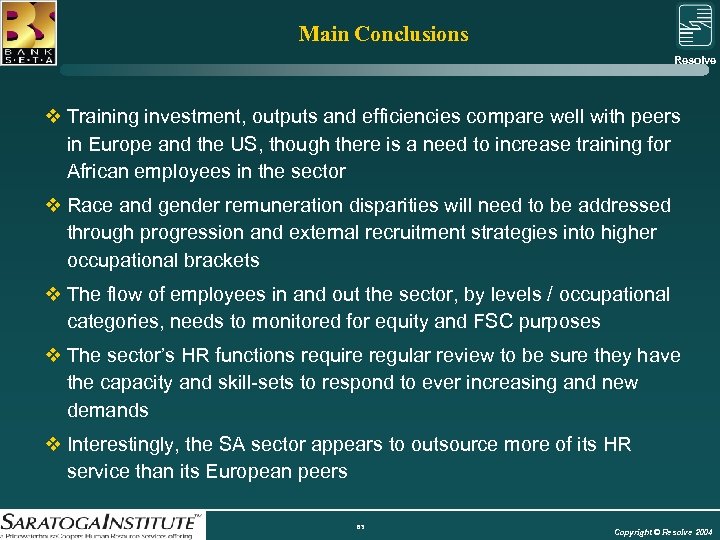 Main Conclusions Resolve Group v Training investment, outputs and efficiencies compare well with peers