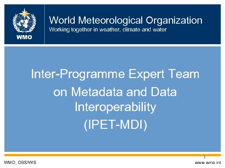 World Meteorological Organization Working together in weather, climate and water WMO Inter-Programme Expert Team