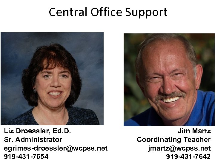 Central Office Support Liz Droessler, Ed. D. Sr. Administrator egrimes-droessler@wcpss. net 919 -431 -7654