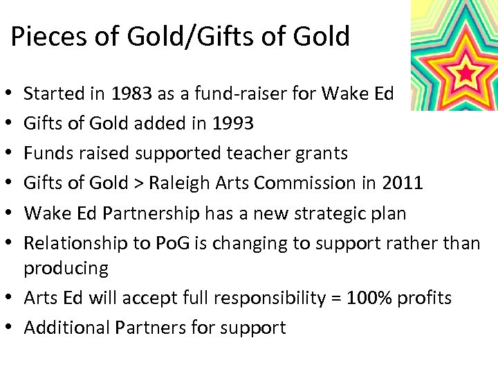 Pieces of Gold/Gifts of Gold Started in 1983 as a fund-raiser for Wake Ed
