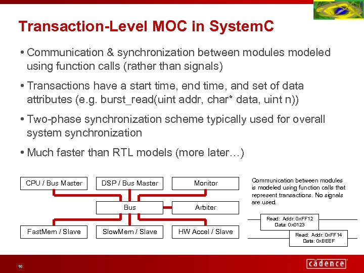 Transaction-Level MOC in System. C • Communication & synchronization between modules modeled using function