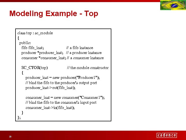 Modeling Example - Top class top : sc_module { public: fifo_inst; // a fifo