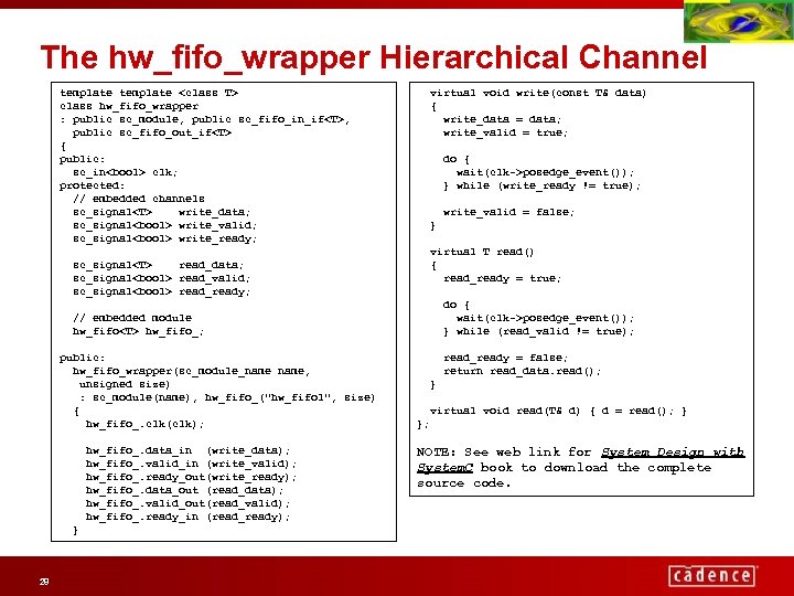 The hw_fifo_wrapper Hierarchical Channel template <class T> class hw_fifo_wrapper : public sc_module, public sc_fifo_in_if<T>,