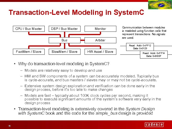 Transaction-Level Modeling in System. C CPU / Bus Master DSP / Bus Master Monitor