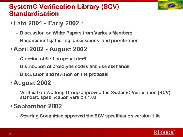 System. C Verification Library (SCV) Standardisation • Late 2001 - Early 2002 : –