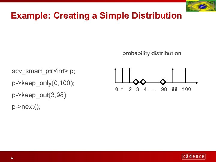 Example: Creating a Simple Distribution probability distribution scv_smart_ptr<int> p; p->keep_only(0, 100); p->keep_out(3, 98); p->next();