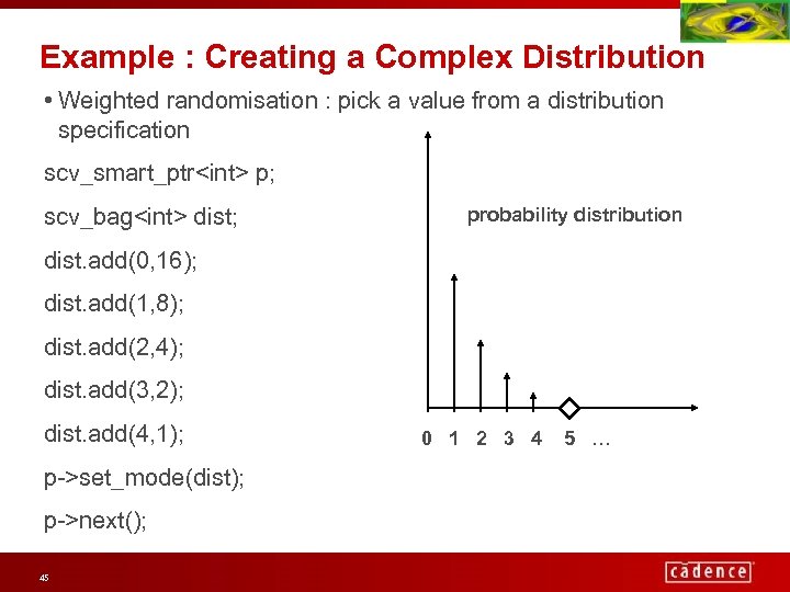 Example : Creating a Complex Distribution • Weighted randomisation : pick a value from