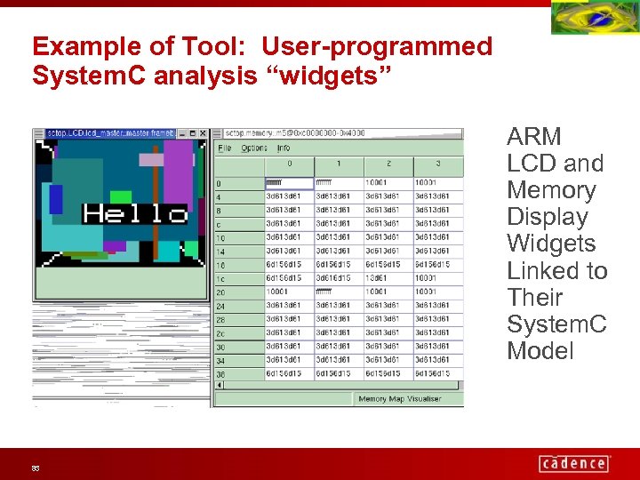 Example of Tool: User-programmed System. C analysis “widgets” ARM LCD and Memory Display Widgets