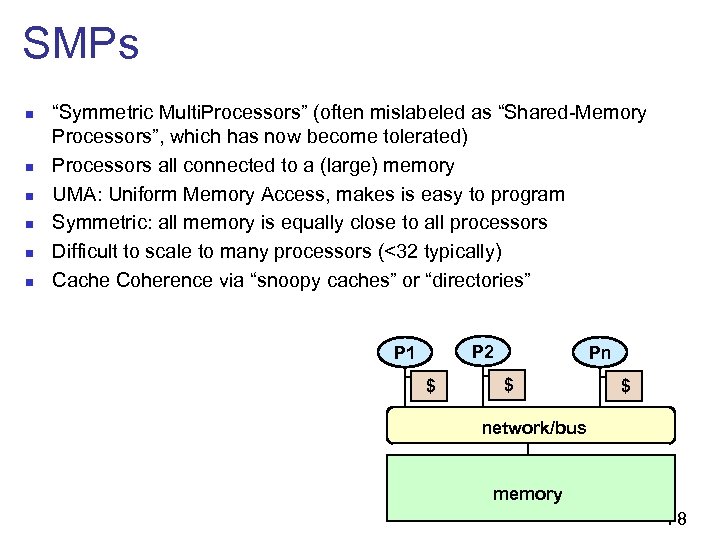 SMPs n n n “Symmetric Multi. Processors” (often mislabeled as “Shared-Memory Processors”, which has