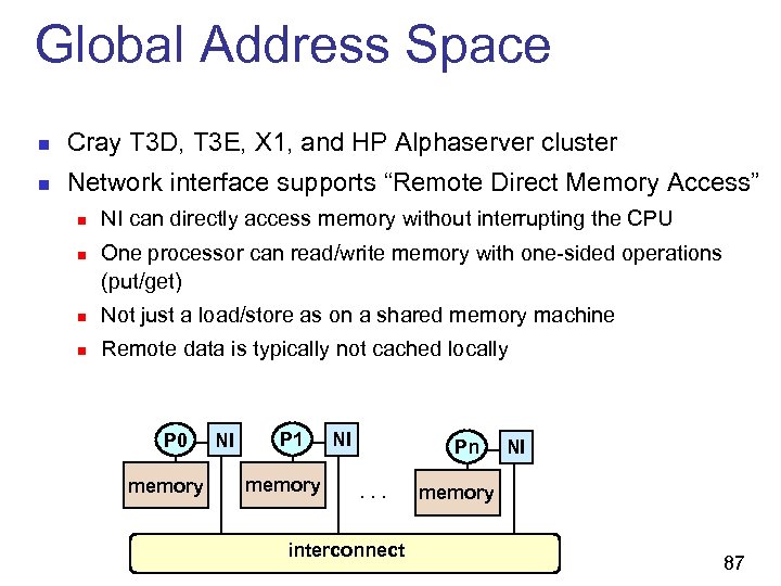 Global Address Space n Cray T 3 D, T 3 E, X 1, and