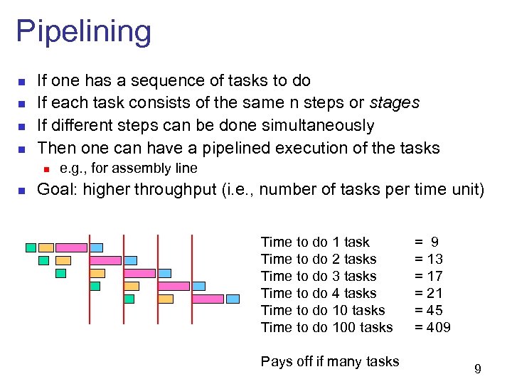 Pipelining n n If one has a sequence of tasks to do If each