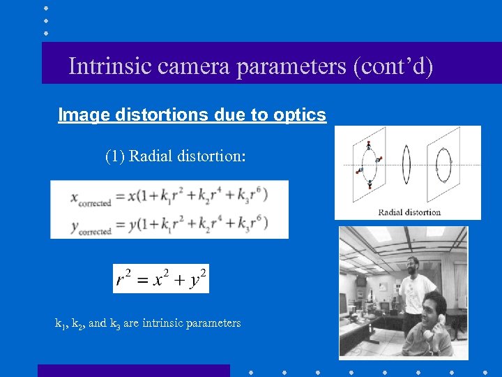 Intrinsic camera parameters (cont’d) Image distortions due to optics (1) Radial distortion: k 1,