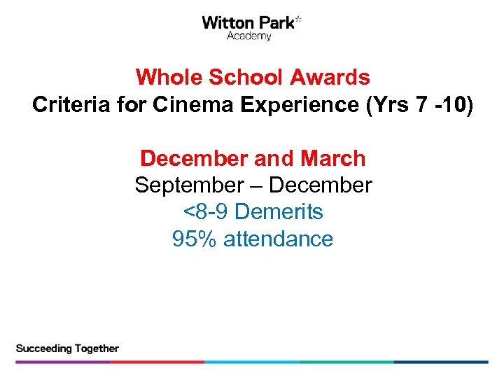 Whole School Awards Criteria for Cinema Experience (Yrs 7 -10) December and March September