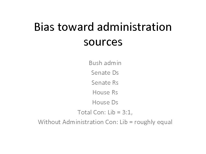 Bias toward administration sources Bush admin Senate Ds Senate Rs House Ds Total Con: