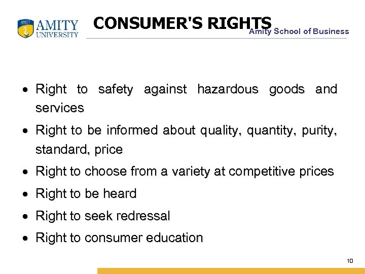 CONSUMER'S RIGHTS School of Business Amity · Right to safety against hazardous goods and