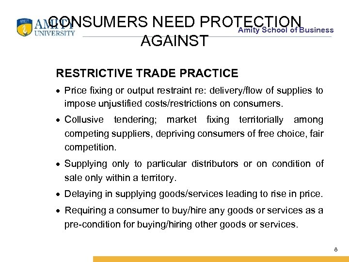 CONSUMERS NEED PROTECTIONBusiness Amity School of AGAINST RESTRICTIVE TRADE PRACTICE · Price fixing or