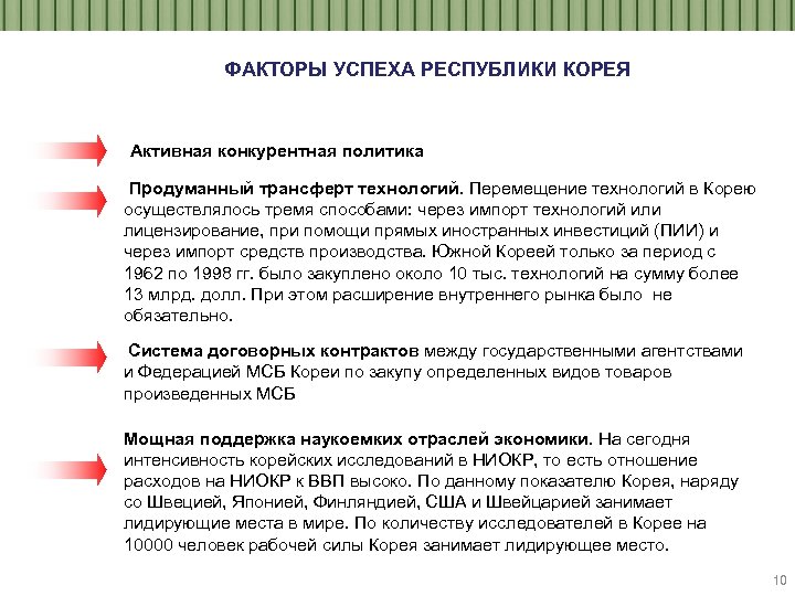 ФАКТОРЫ УСПЕХА РЕСПУБЛИКИ КОРЕЯ Активная конкурентная политика Продуманный трансферт технологий. Перемещение технологий в Корею