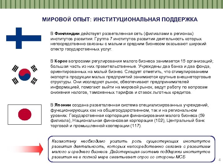 МИРОВОЙ ОПЫТ: ИНСТИТУЦИОНАЛЬНАЯ ПОДДЕРЖКА В Финляндии действует разветвленная сеть (филиалами в регионах) институтов развития: