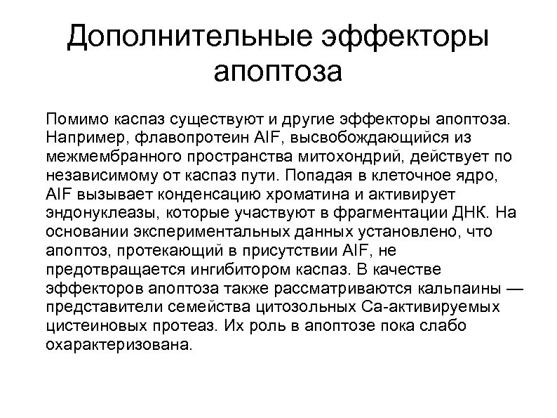 Дополнительные эффекторы апоптоза Помимо каспаз существуют и другие эффекторы апоптоза. Например, флавопротеин AIF, высвобождающийся