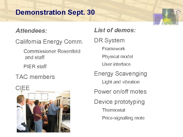 Demonstration Sept. 30 Attendees: List of demos: California Energy Comm. DR System Commissioner Rosenfeld