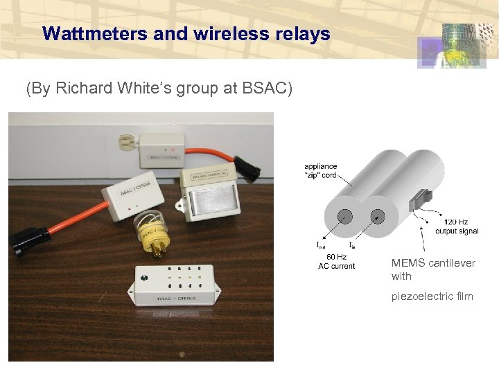 Wattmeters and wireless relays (By Richard White’s group at BSAC) MEMS cantilever with piezoelectric