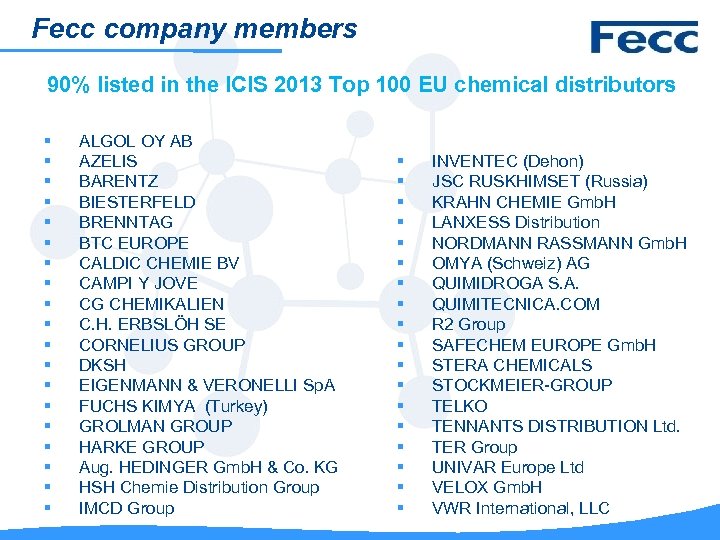 Fecc company members 90% listed in the ICIS 2013 Top 100 EU chemical distributors